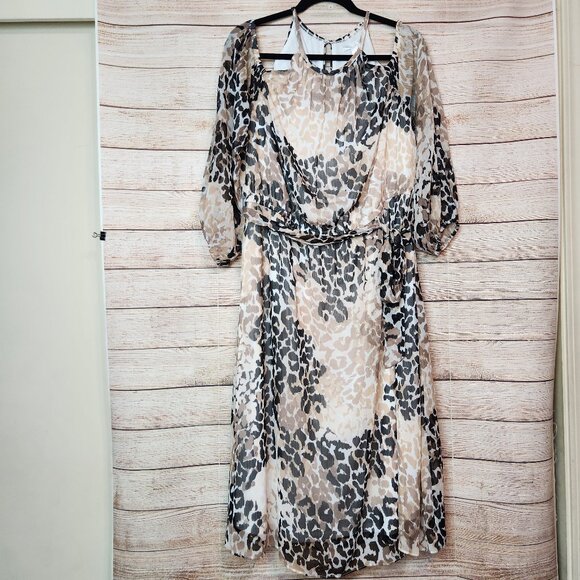 London Times Woman Cold Shoulder Midi Leopard Print Beige Brown Dress Size 1X - Picture 1 of 16